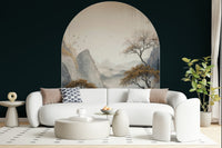 Golden Tree Archway wallpaper mural of a misty mountain valley with golden trees above a white sofa in a dark green living room