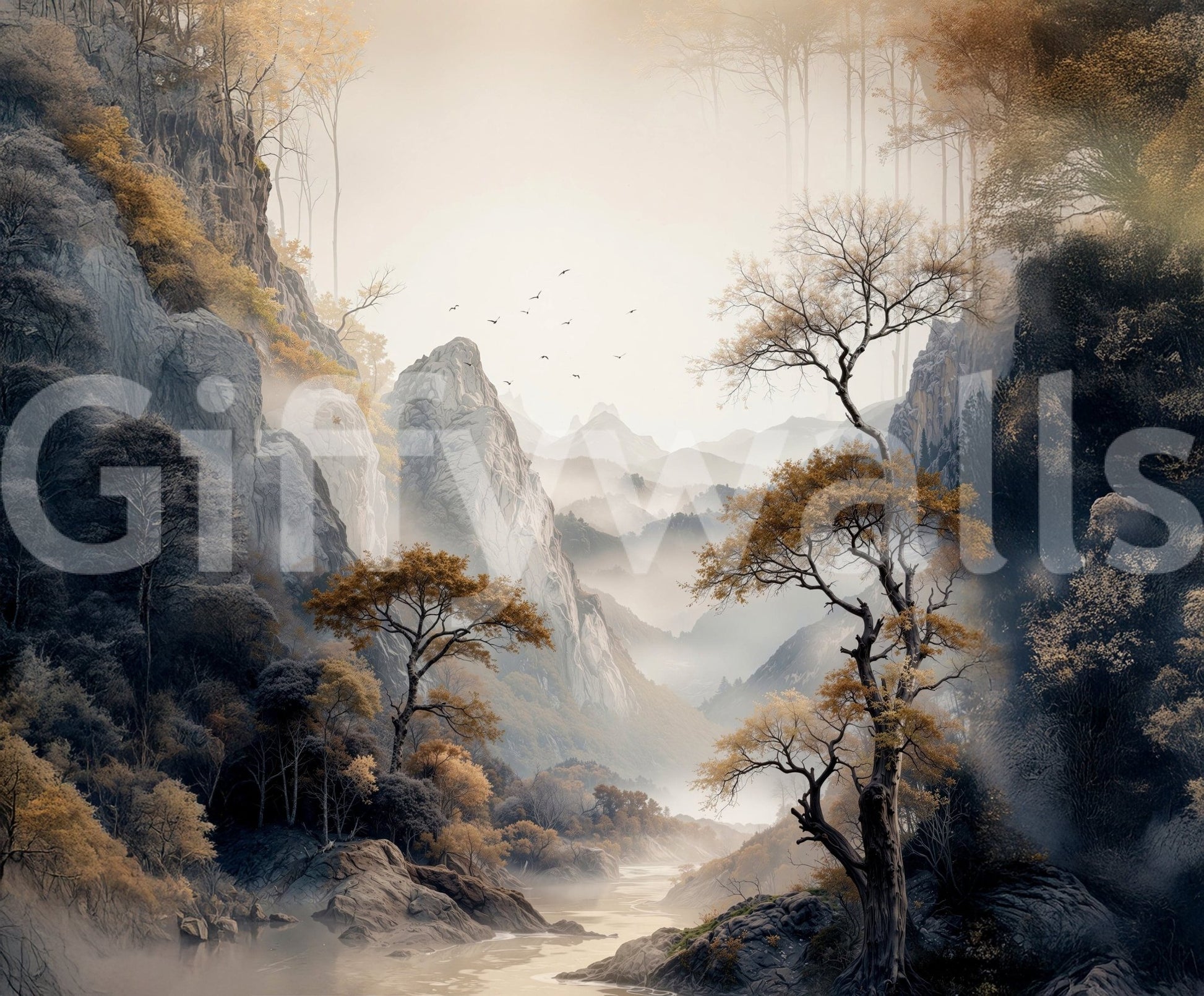 Golden Tree Serenity wall mural shown as a full-wall ink painting of misty mountains and a golden river valley