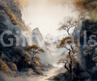 Golden Tree Serenity wall mural shown as a full-wall ink painting of misty mountains and a golden river valley