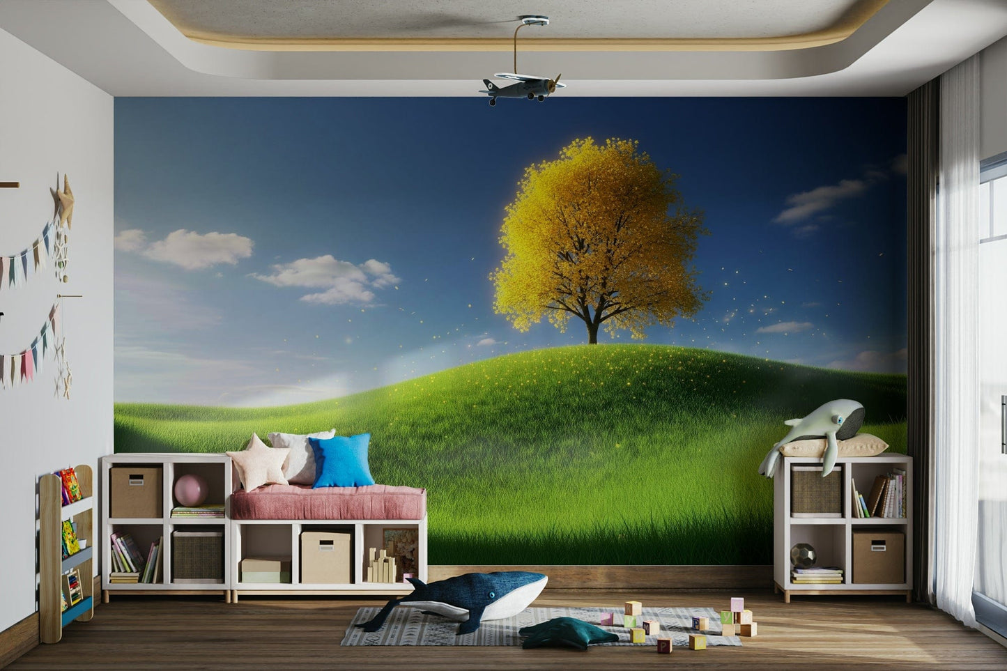 A minimalist interior with the forest-themed wallpaper.