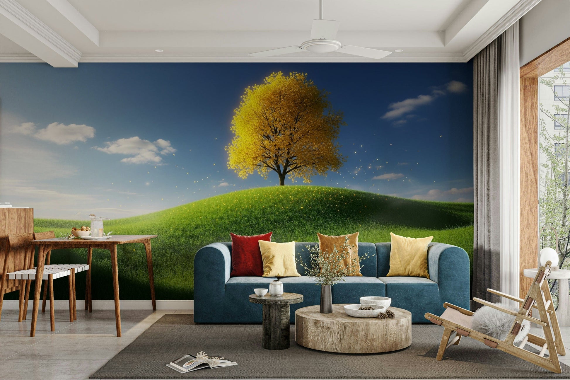 The peel and stick wallpaper showing realistic nature textures.