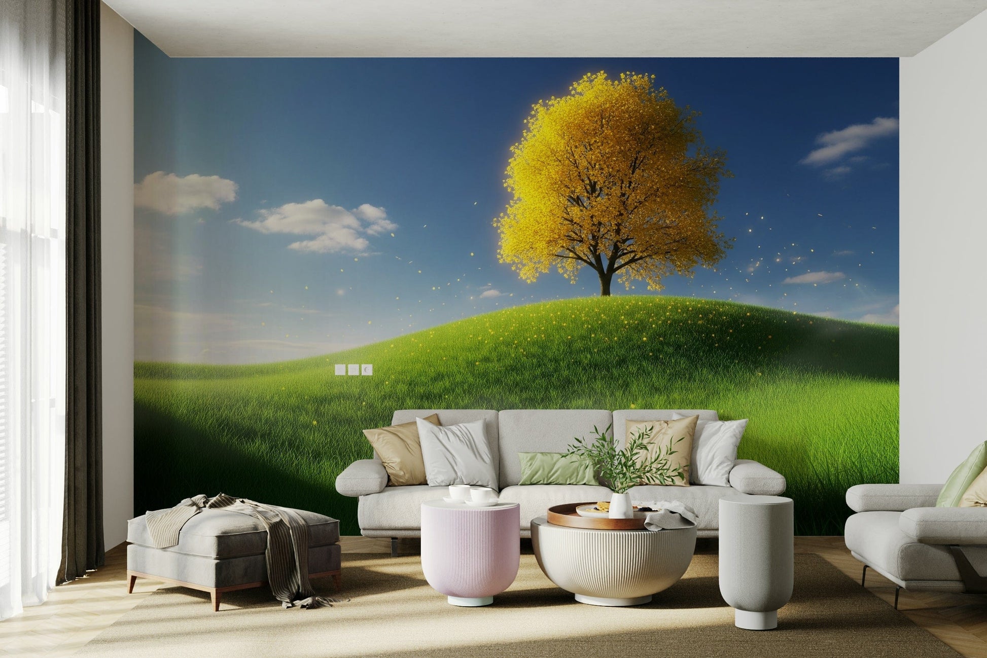 An angled shot of the mural's gentle color palette.