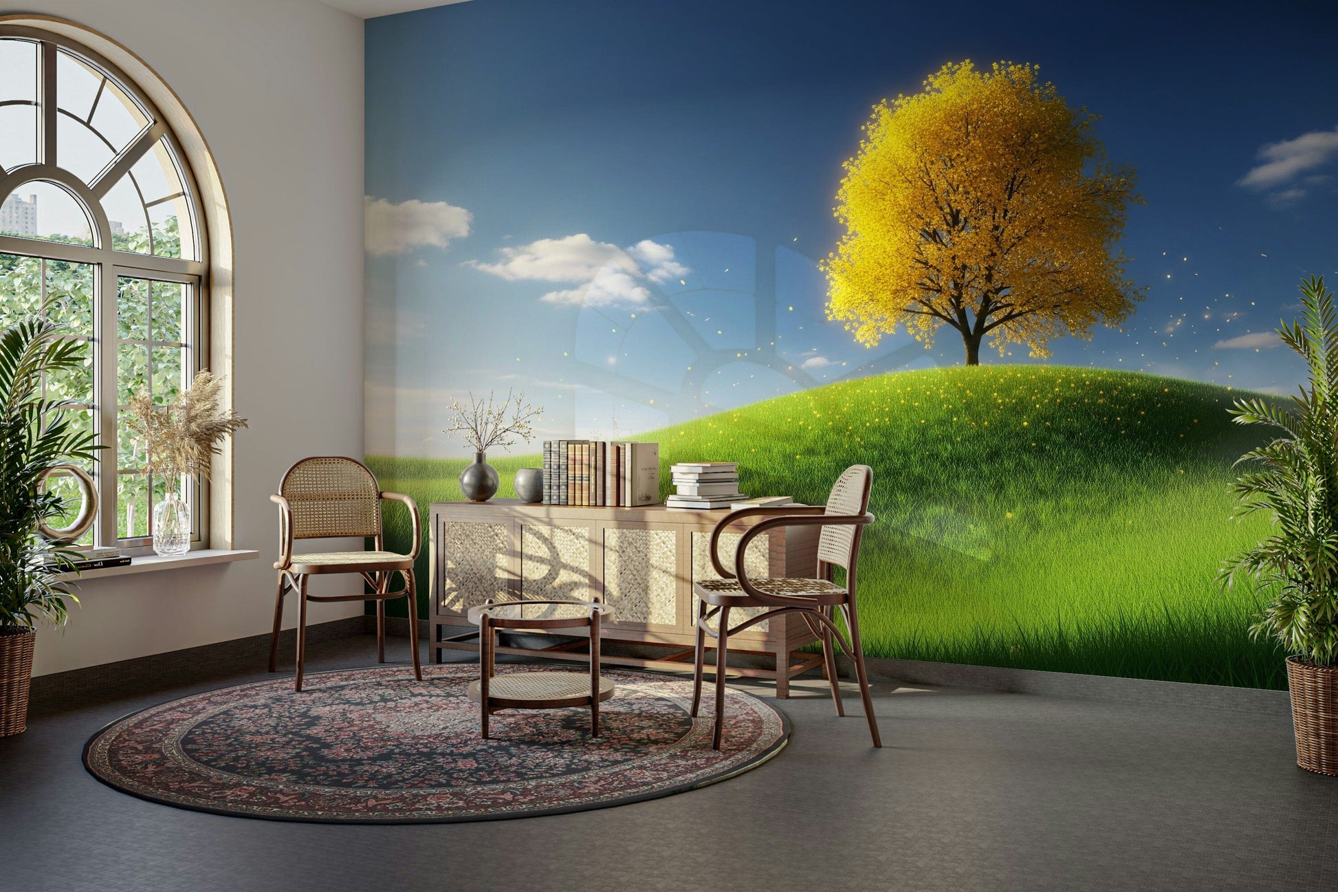 The wallpaper is used as a feature wall in a bedroom.