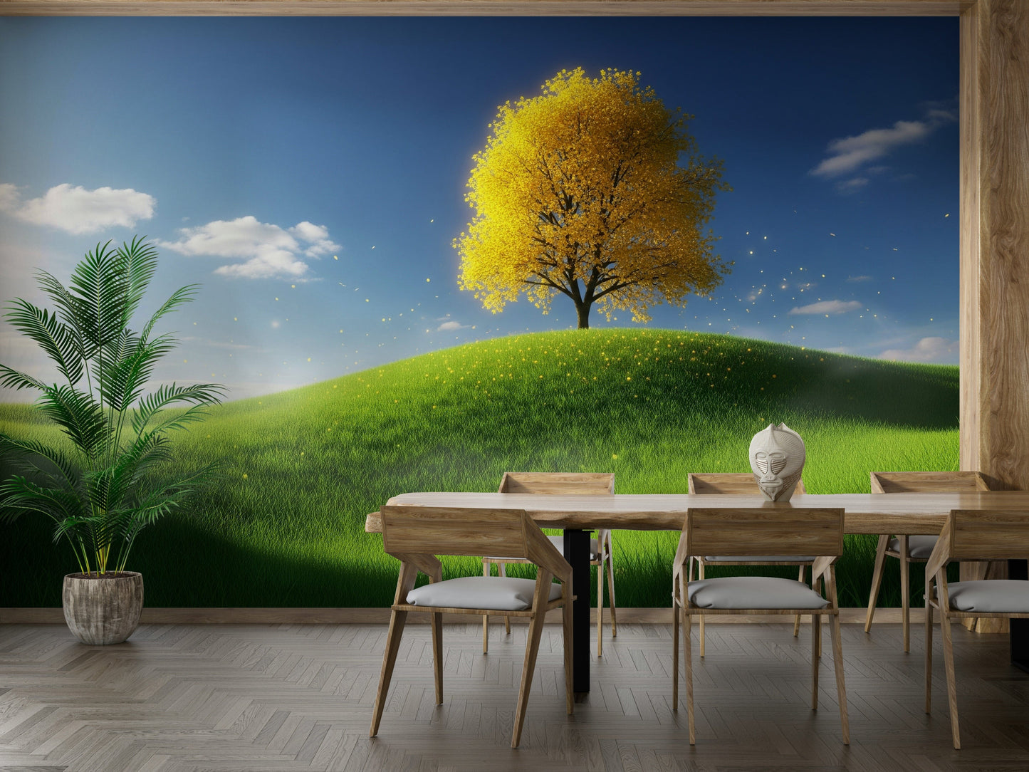 A detail shot of the elegant lines in the wallpaper.
