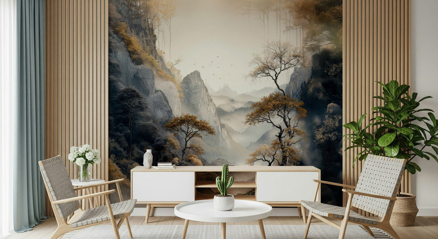 Wall mural with elegant gold tree motifs creating a calm and refined modern interior look.