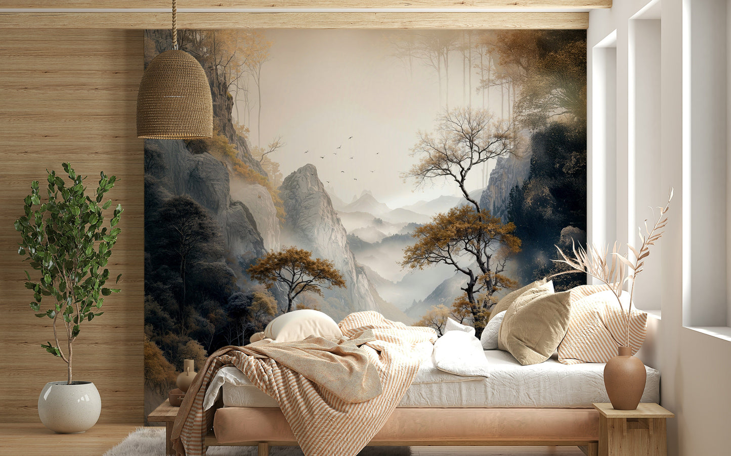 Golden Tree Serenity mural inspired by tranquil forests and soft golden sunrise tones.