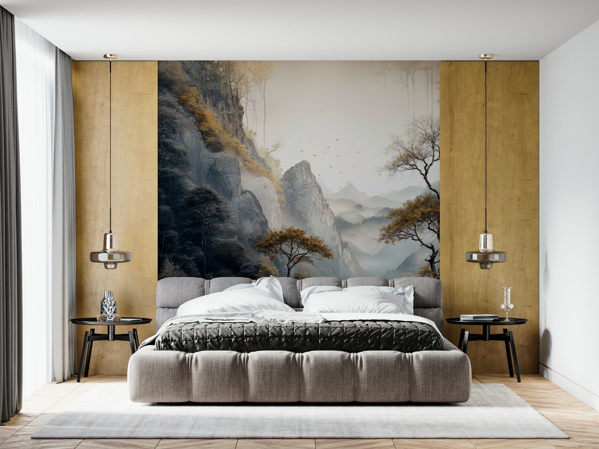 Wall mural depicting golden trees bathed in warm light, perfect for serene and elegant interiors.