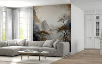 Golden Tree Serenity wall mural featuring radiant golden trees set against a tranquil, misty backdrop.