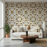 Stylish abstract triangle mural in gold, bronze, and cream shades for modern home decor.