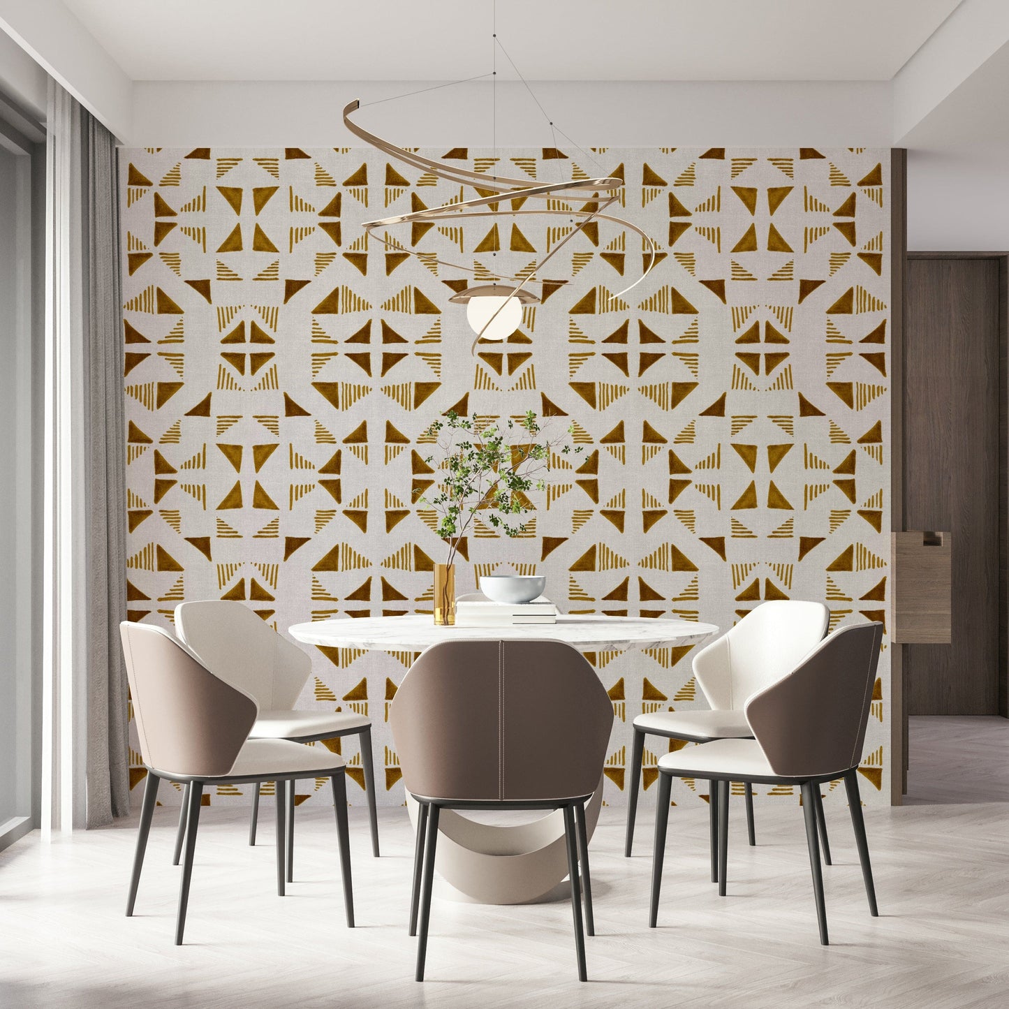 Contemporary wall mural featuring overlapping triangles in golden gradients and soft neutrals.