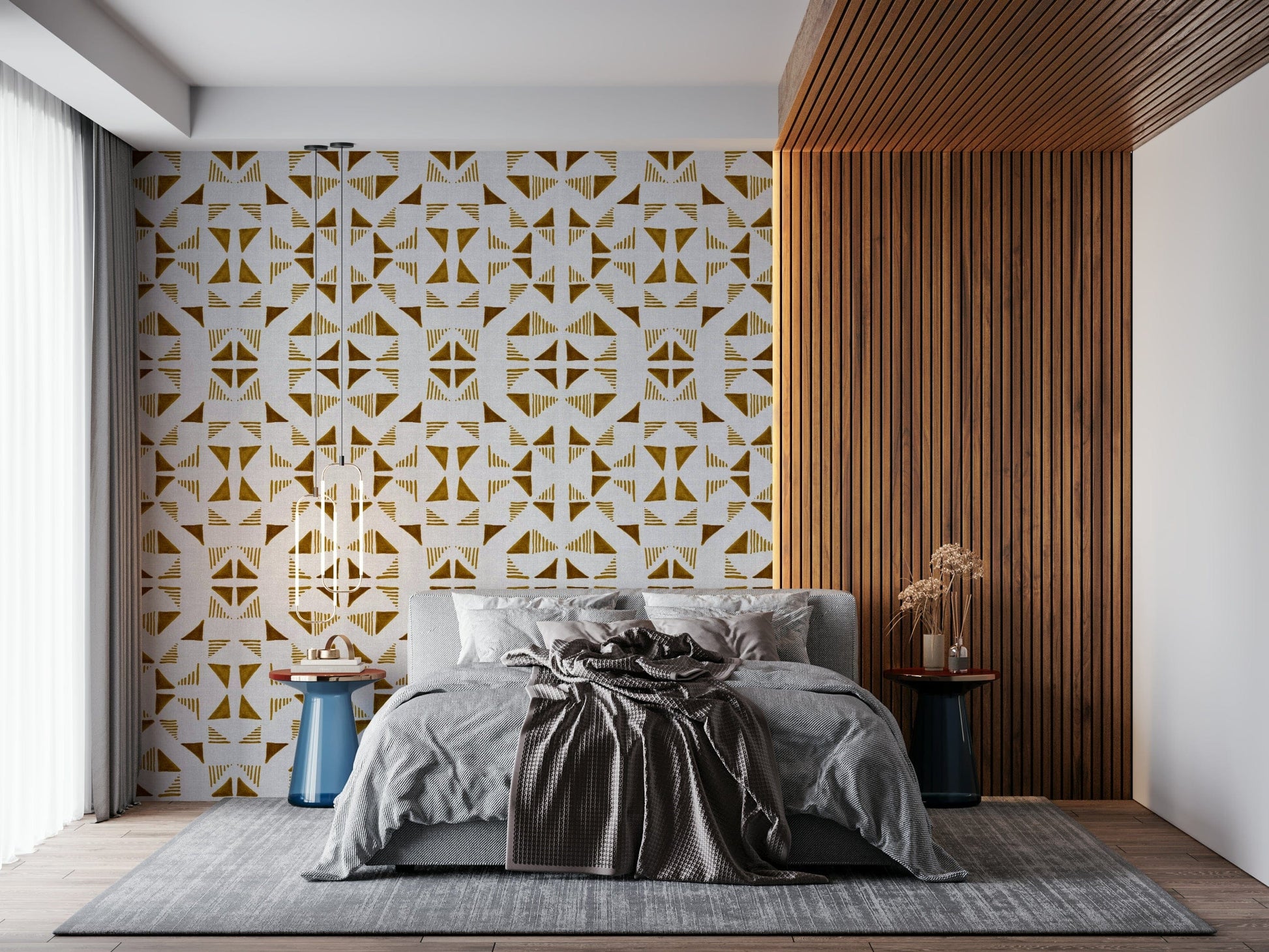 Triangles design wallpaper with warm gold, amber, and cream tones for elegant interiors.