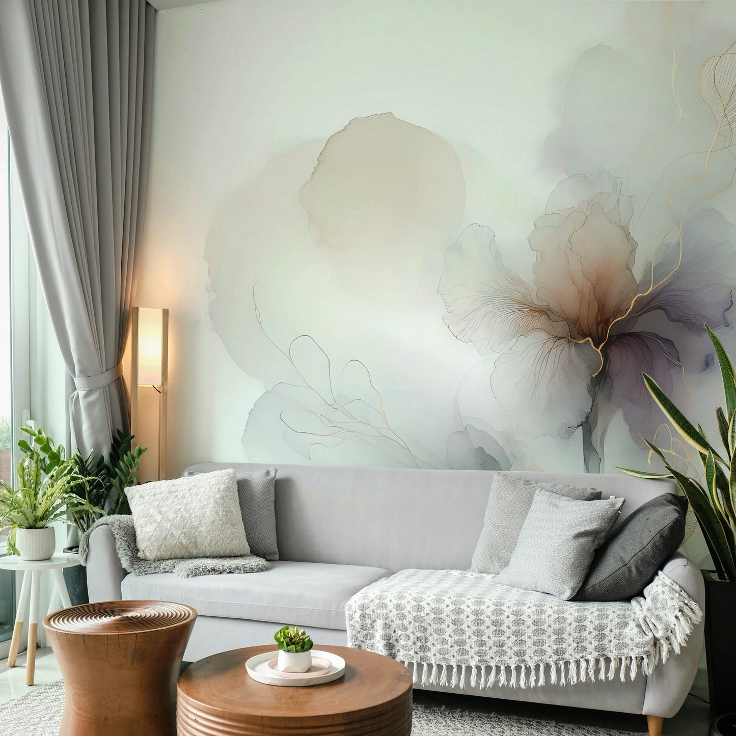 Lounge full wall mural, layered botanicals with warm gold vein accents