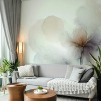 Lounge full wall mural, layered botanicals with warm gold vein accents