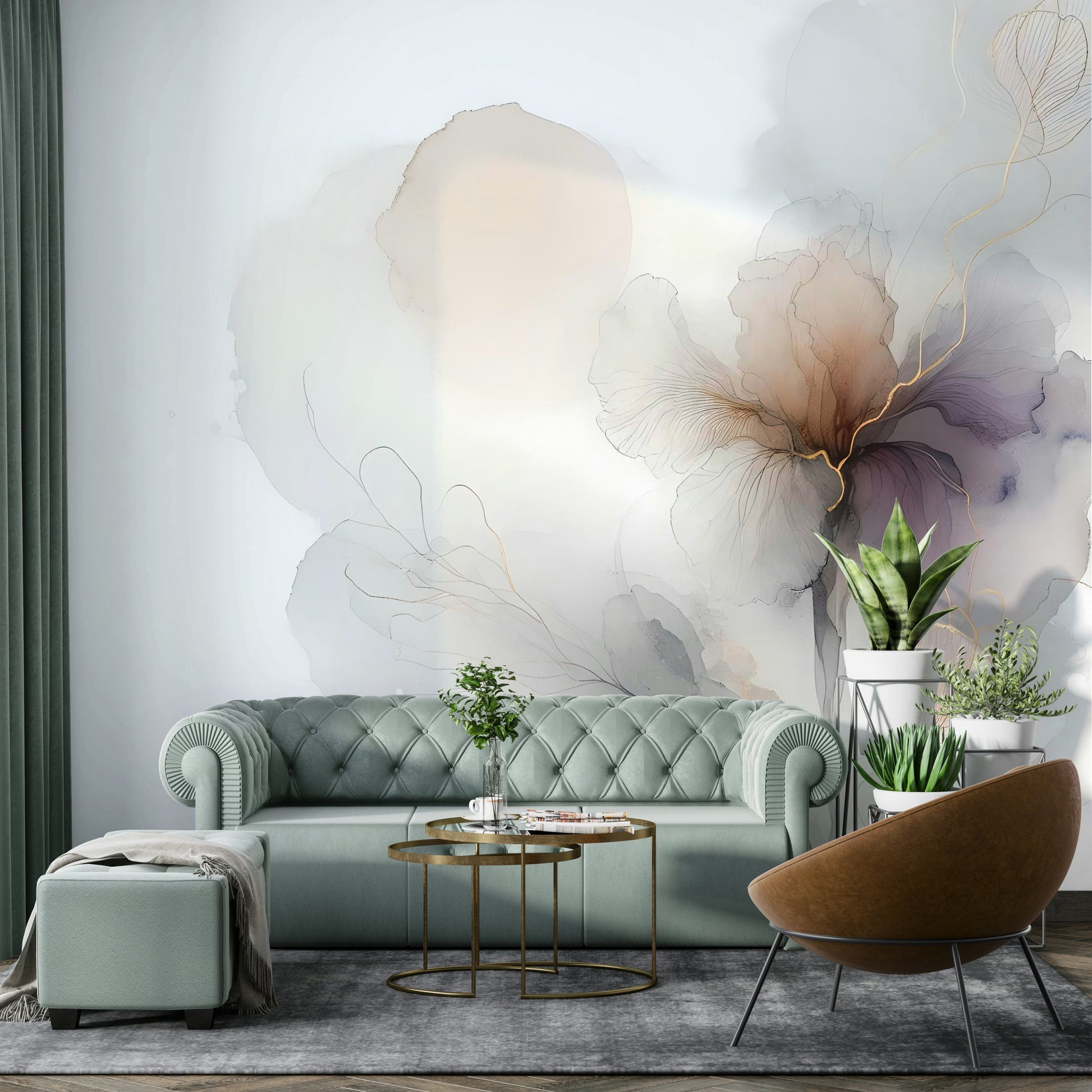Apartment dining area feature wall mural, botanica design in green and gold