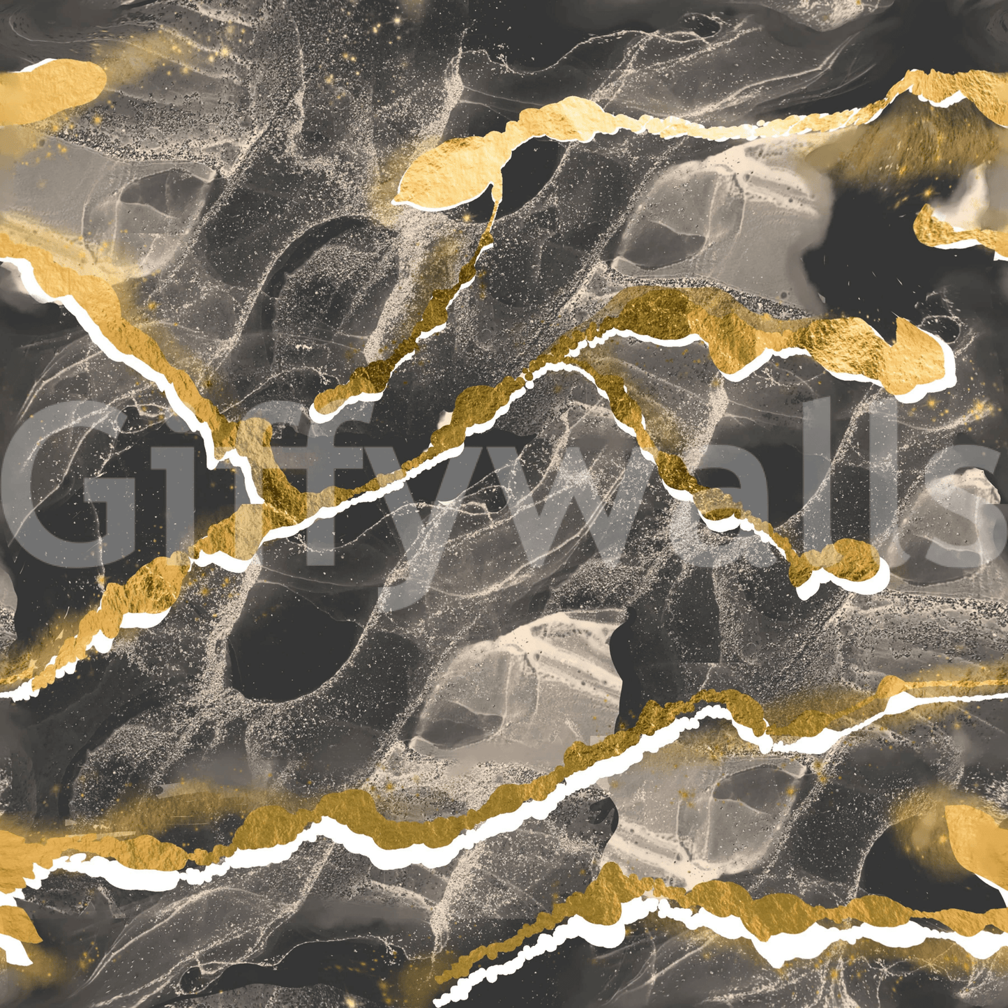 Golden Veins Charcoal Marble wallpaper mural close-up showing the pattern of dark grey marble with gold veins
