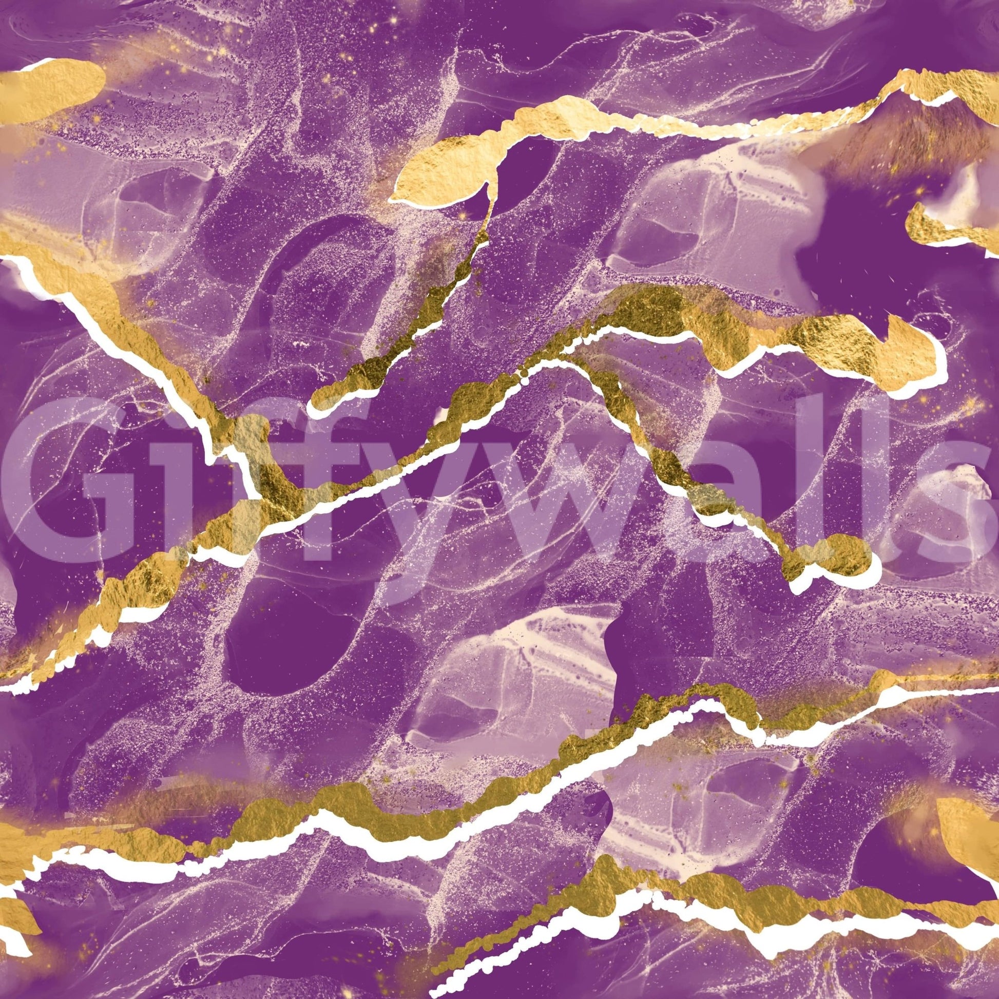 Golden Veins Cosmic Violet Marble wallpaper mural close-up showing purple marble with gold veins and white cracks