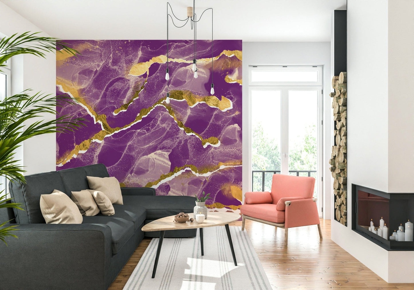 Detailed view of a violet and gold abstract Marble Wallpaper, showing the luxe, swirling mineral pattern.