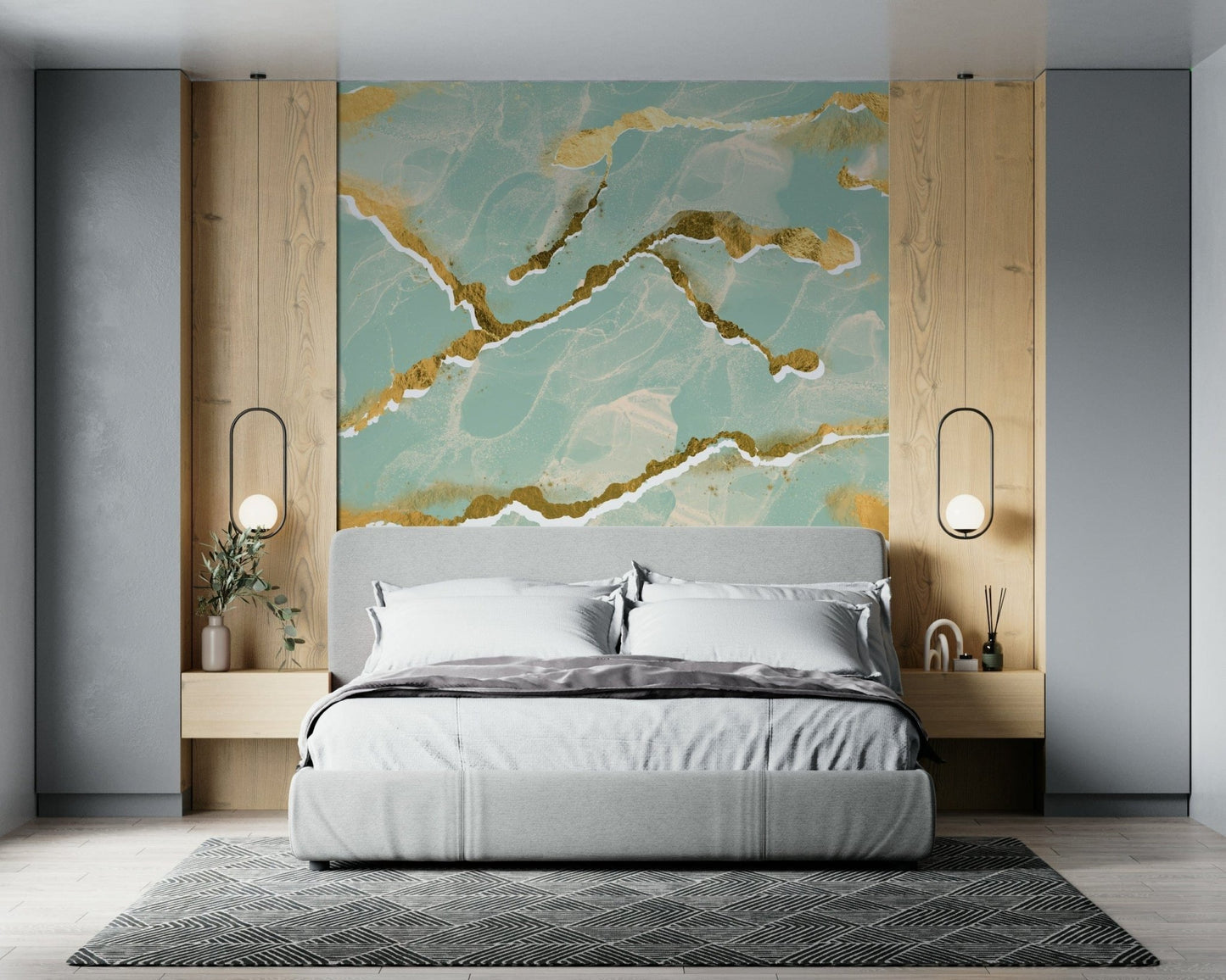 A modern abstract Marble Wallpaper featuring soft mint green with elegant golden veins.