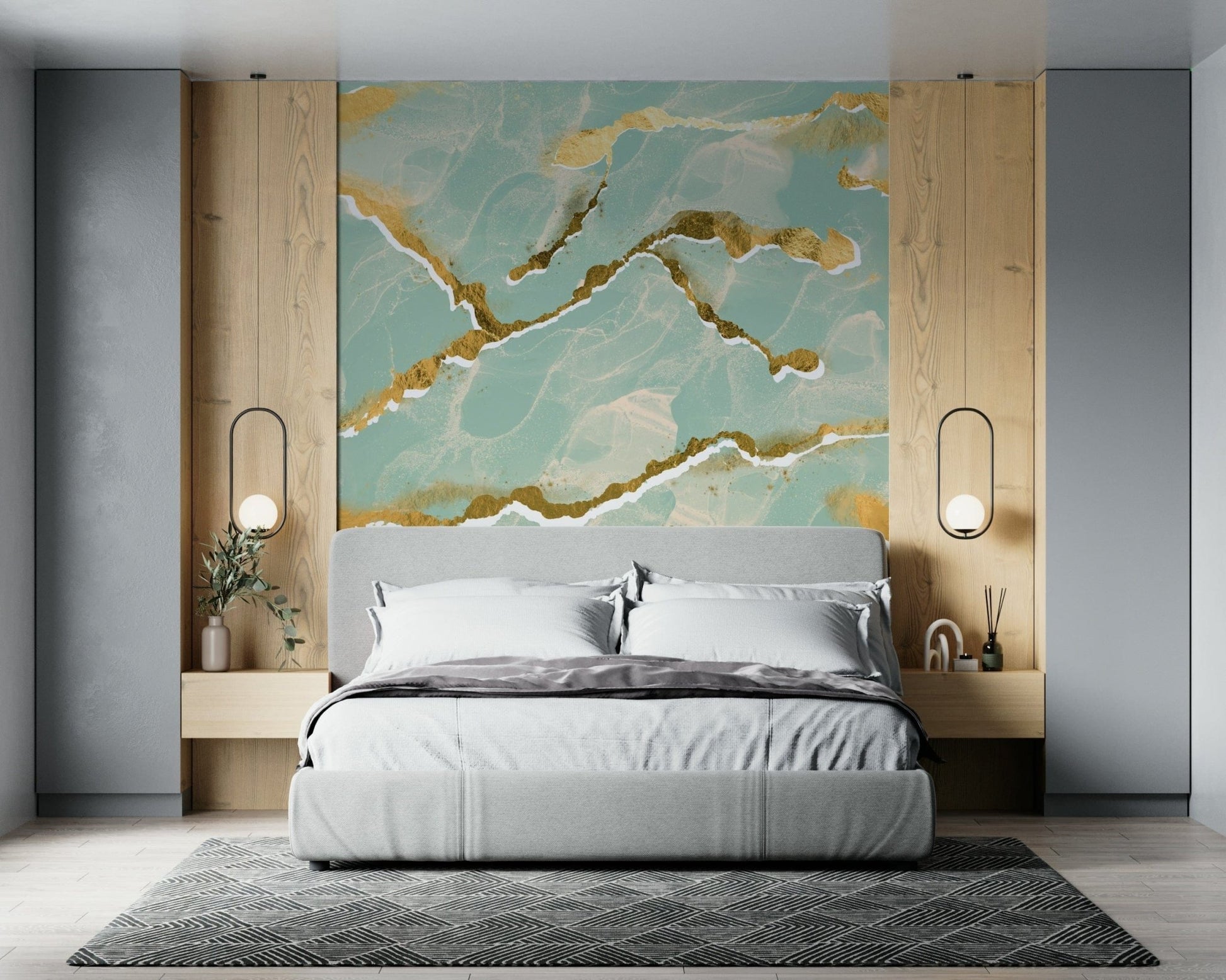A modern abstract Marble Wallpaper featuring soft mint green with elegant golden veins.
