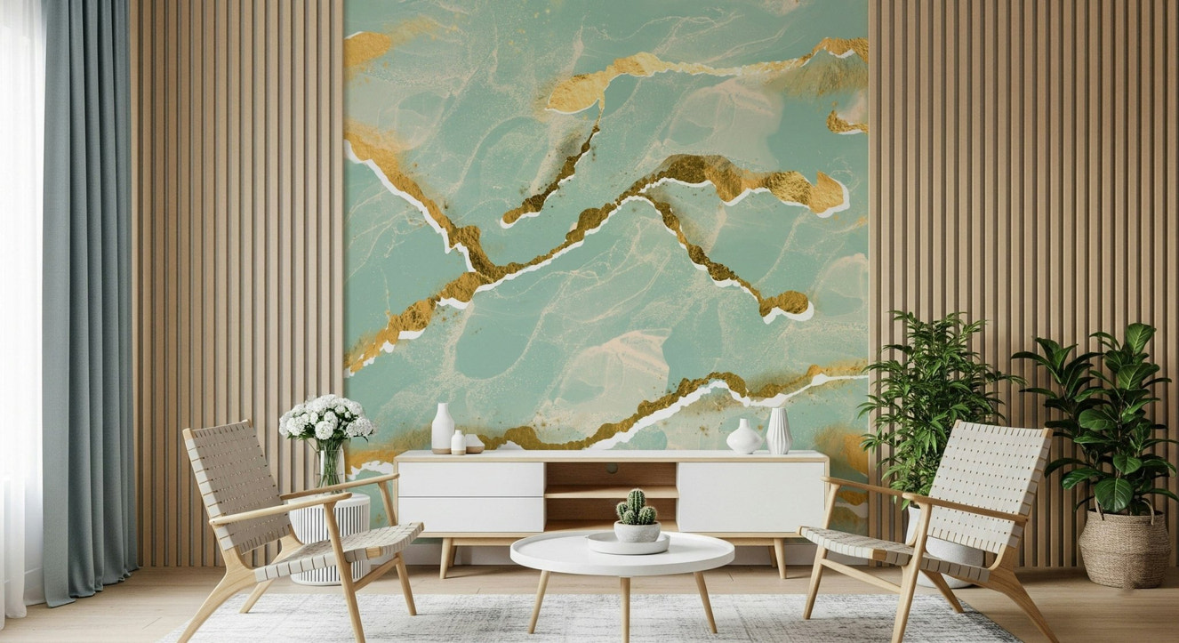 Detailed view of a mint green and gold abstract Marble Wallpaper, showing the luxe, swirling pattern.