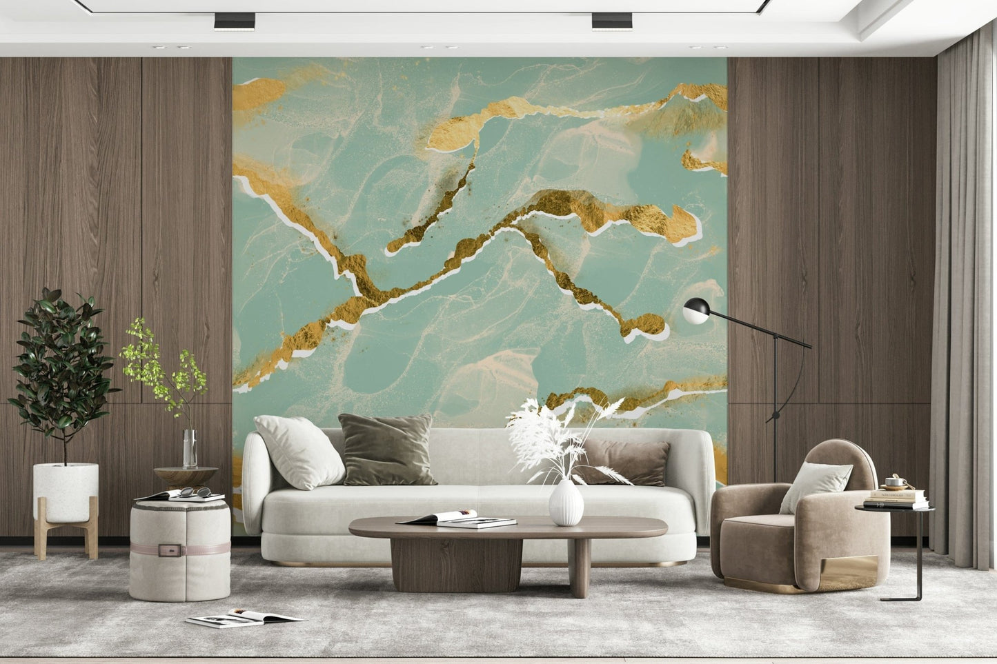 Close-up of the Golden Veins Mint Whisper Marble Wallpaper, a luxe abstract design for modern interiors.
