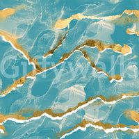 Golden Veins Tropical Teal Marble wallpaper mural close-up showing teal marble with gold foil veins and white cracks