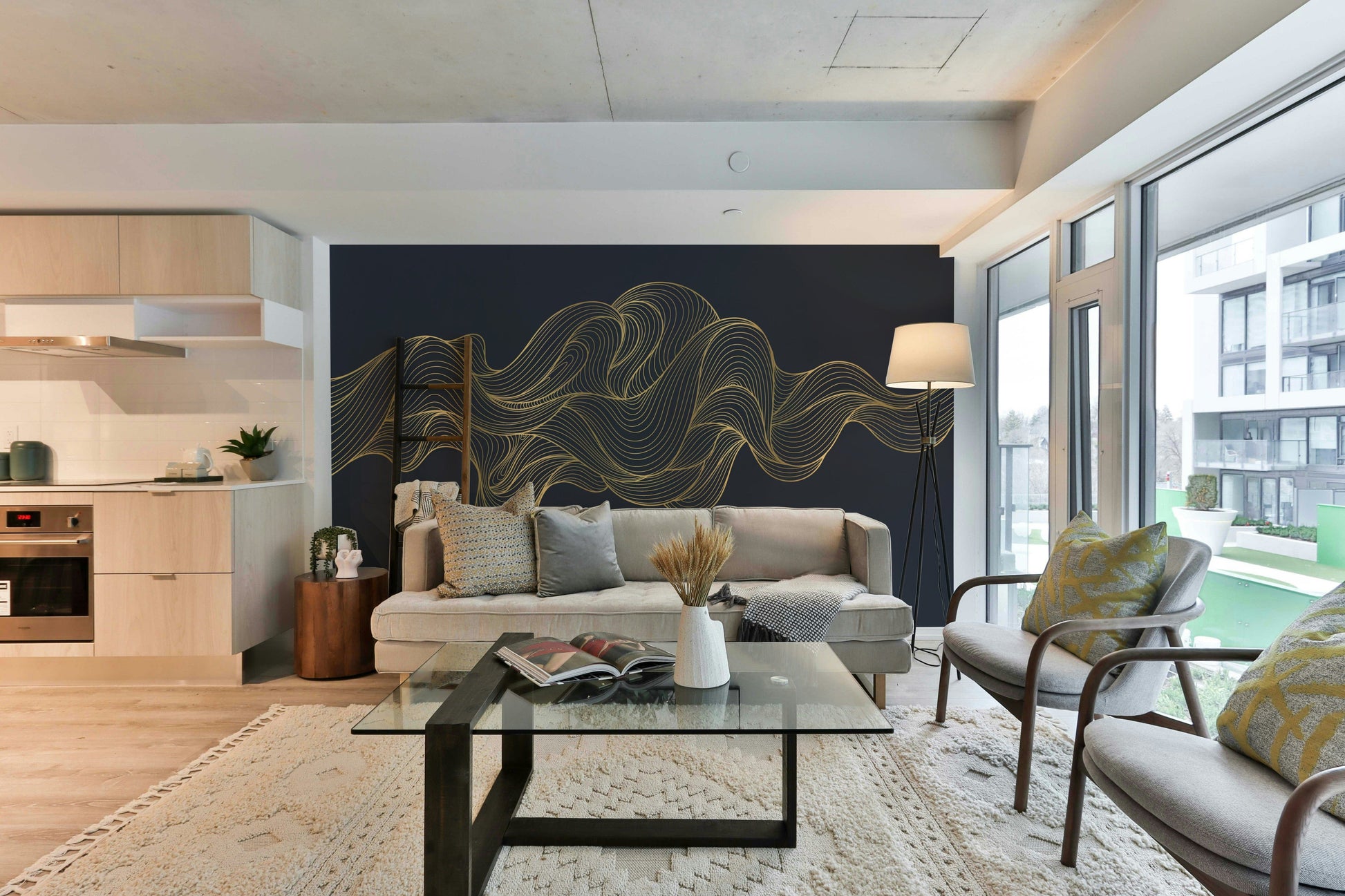A peaceful wall mural with a modern, flowing design.

