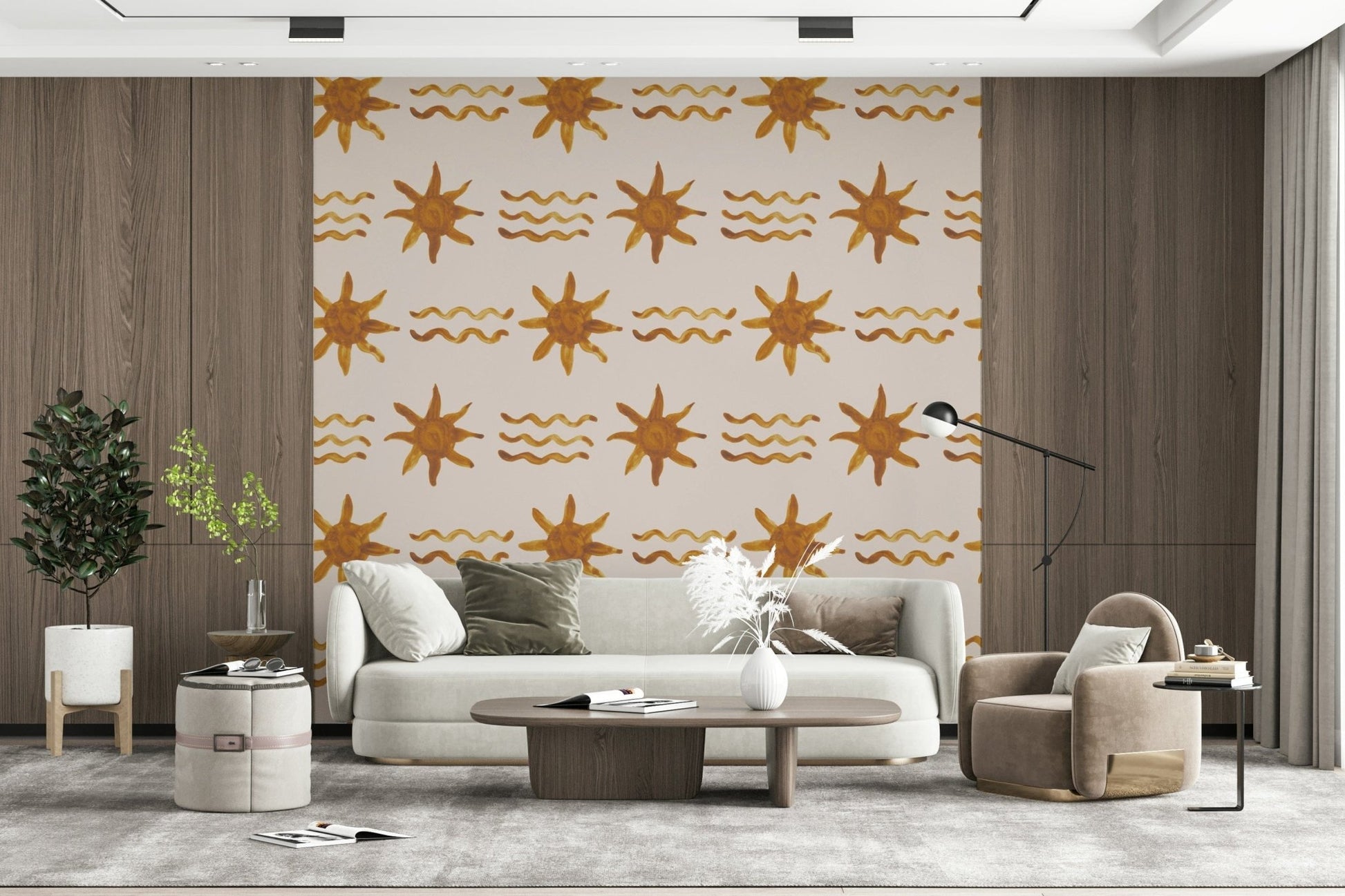 Golden abstract waves forming a radiant pattern around a symbolic sun.