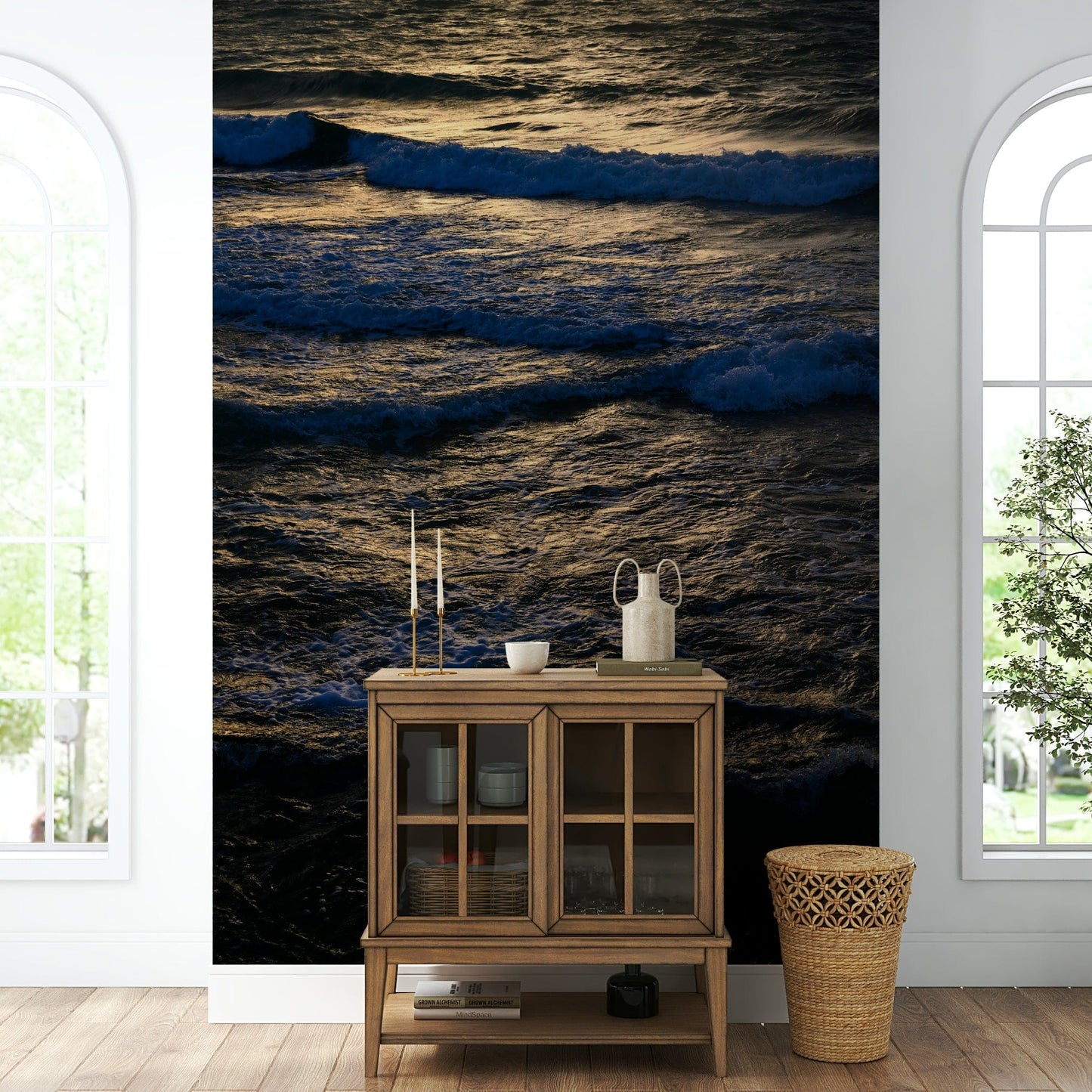 A high-angle view of the wall mural with natural light.

