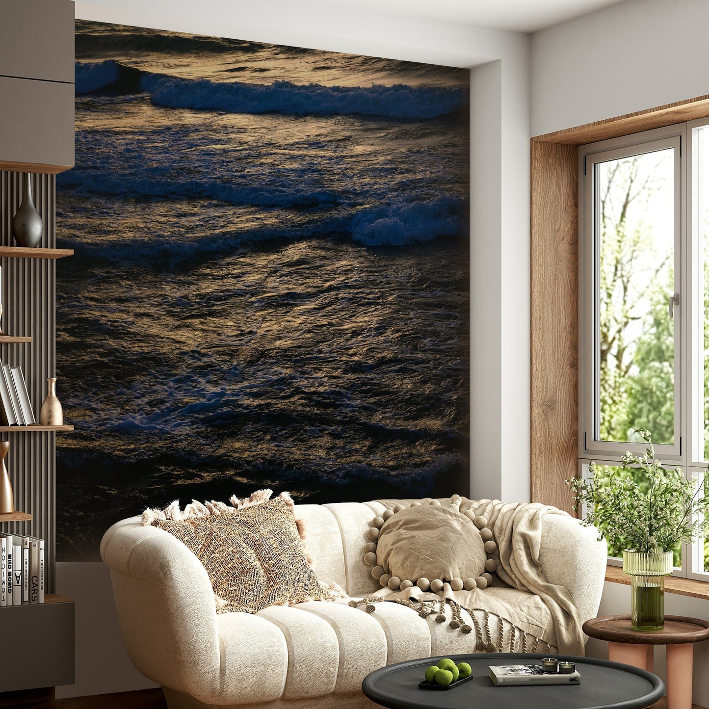 An aerial view of the waves near the shore.

