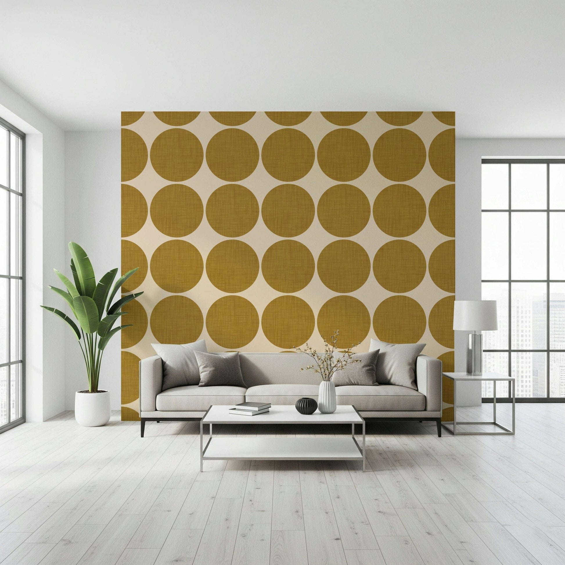 Warm neutral wallpaper with oversized ochre round shapes arranged in rows and columns