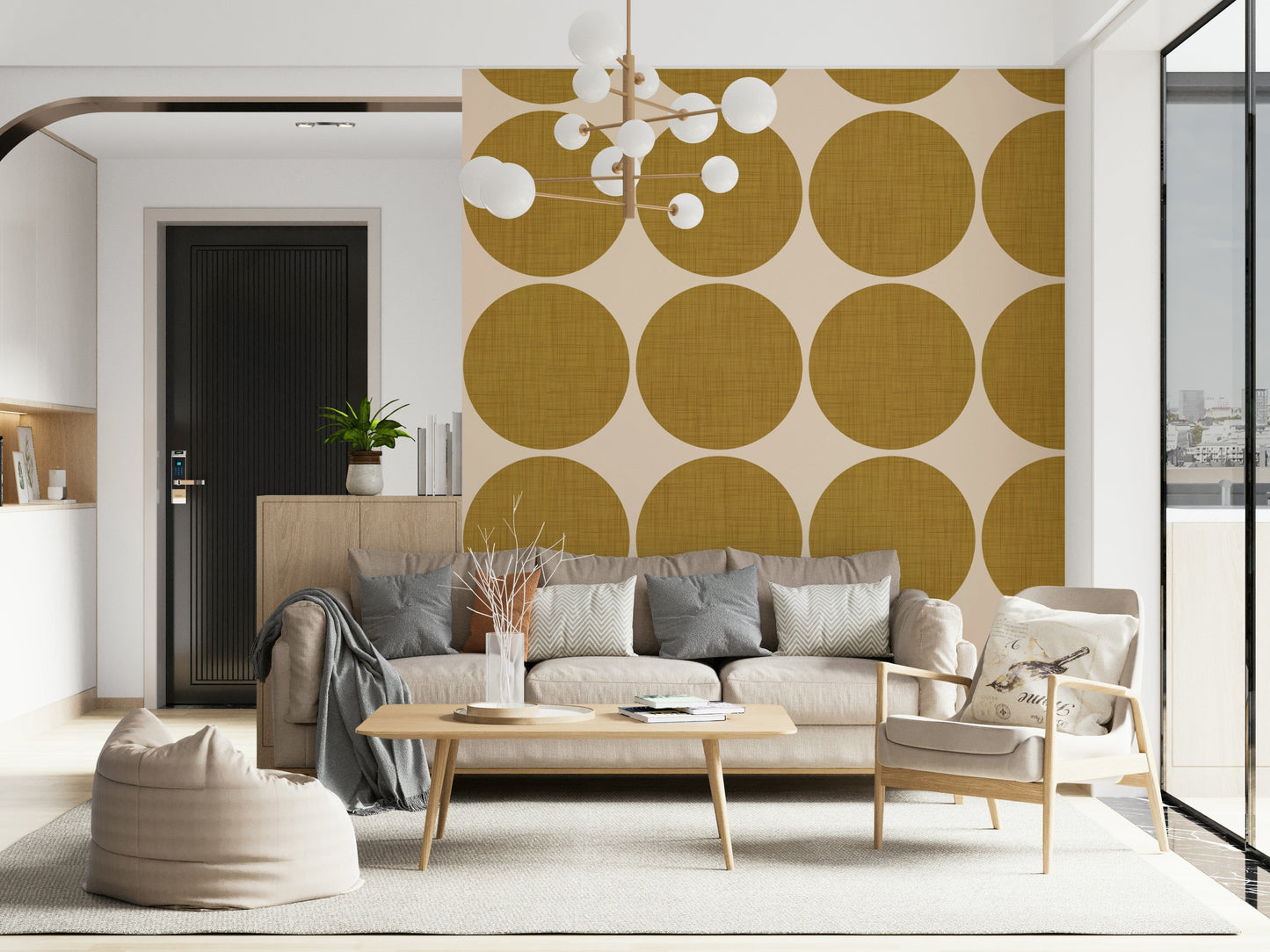 Decorative dot wallpaper with uniform ochre circles forming a clean, playful pattern