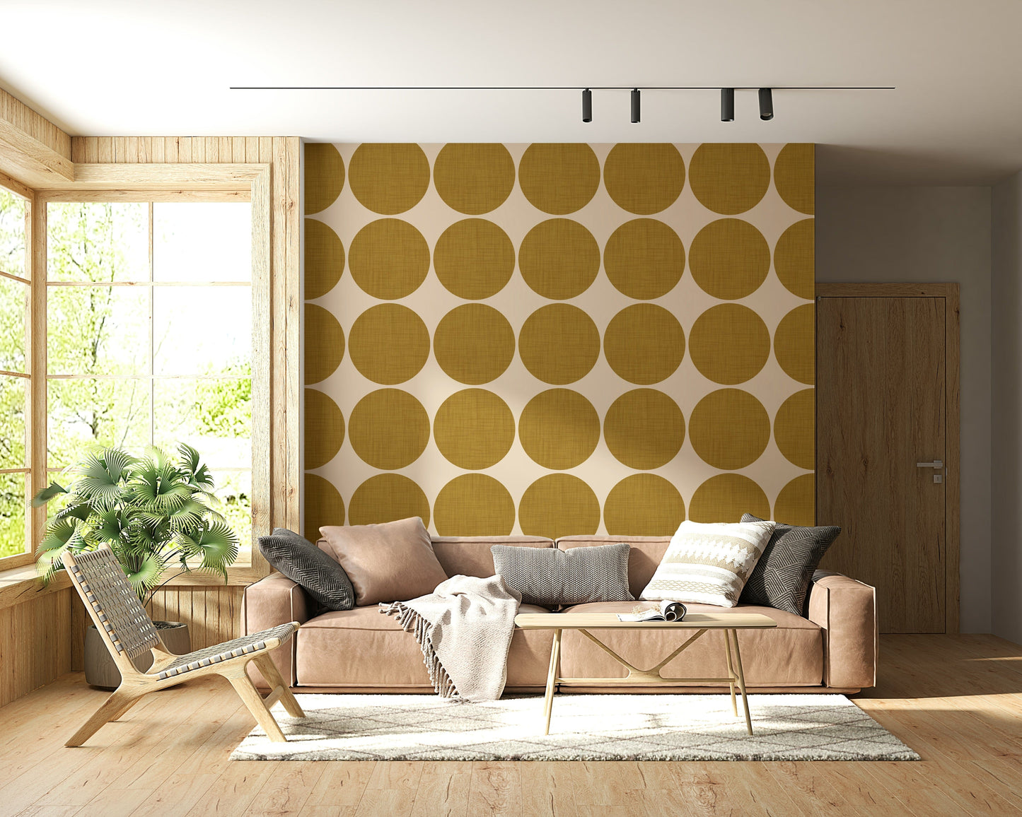 Contemporary wallpaper showcasing bold ochre circles spaced evenly for a striking graphic effect