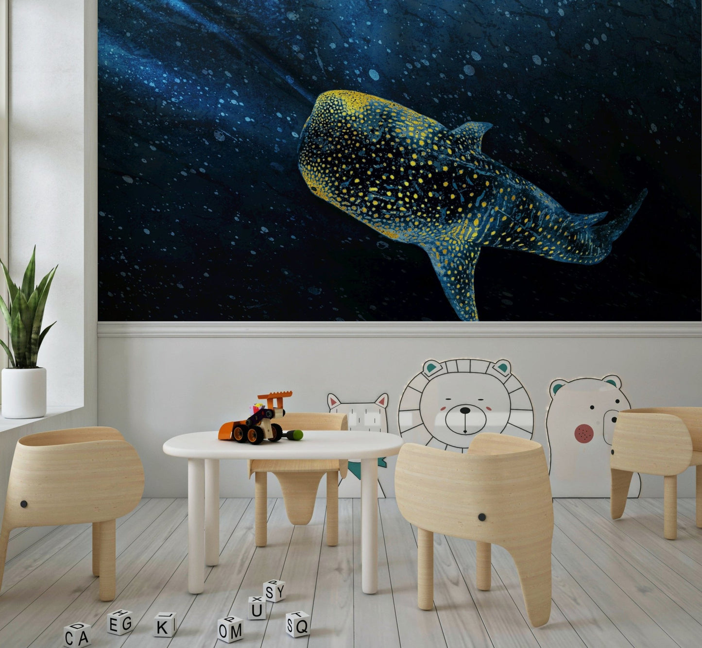 Vibrant Golden Whale Shark mystical ocean surface wallpaper.