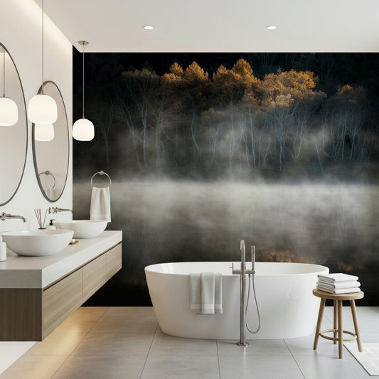 Golden Woodland Solitude wall mural, misty autumn forest reflection print.