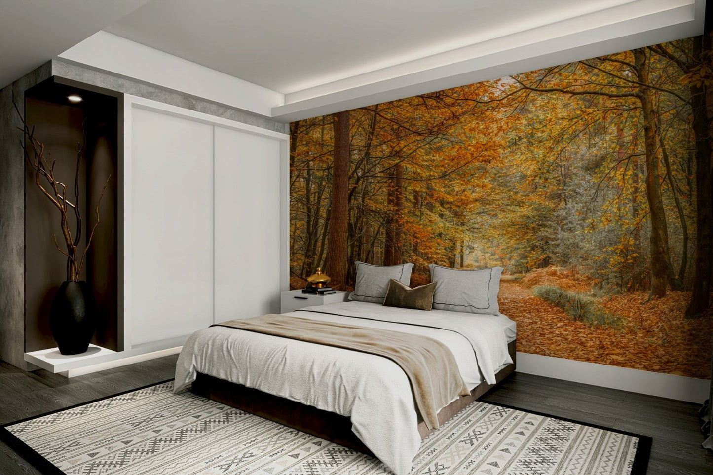 The wall mural is installed on a living room feature wall.

