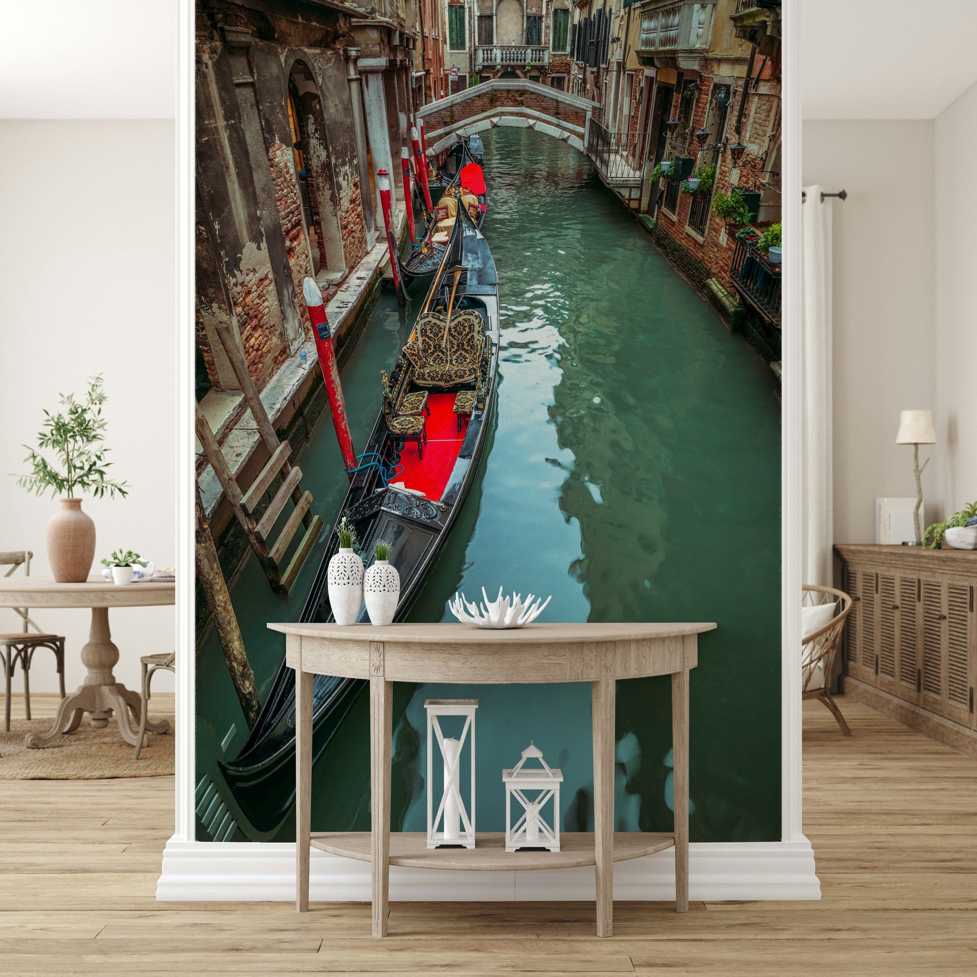 Gondola Dream design, decorative boat cushions, classic brick walls.