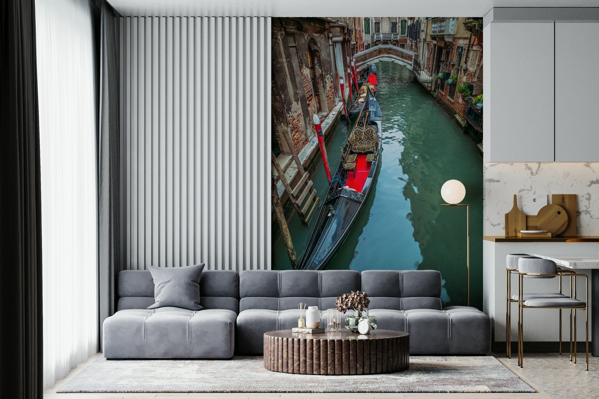 European wall mural, Venetian waterway, moored vessel, scenic destination, Gondola Dream.