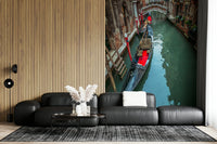 Gondola Dream accent wallpaper, boat tied to pole, stone facade, stunning.