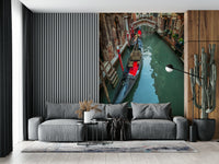 Gondola Dream print, boat moored along ancient brick walls mural.