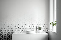 Earthy terracotta and beige geometric pattern bathroom wall mural for warmth.