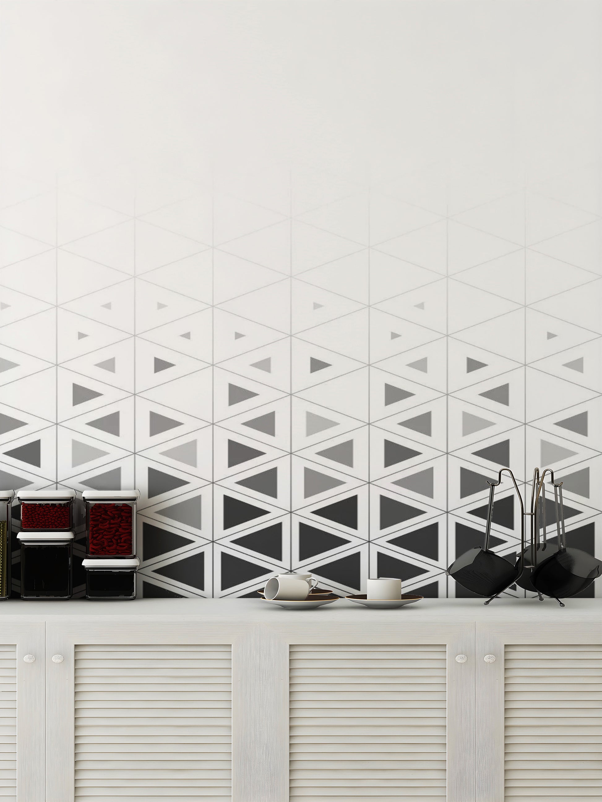 Bold monochrome wall mural for a striking symmetrical feature wall.