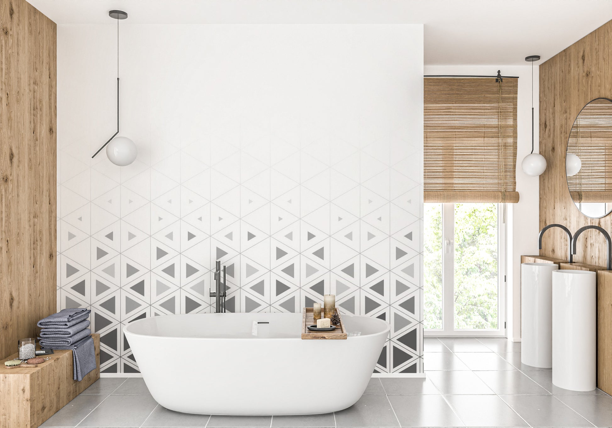 Industrial style wallpaper mural with weathered copper geometric shapes.