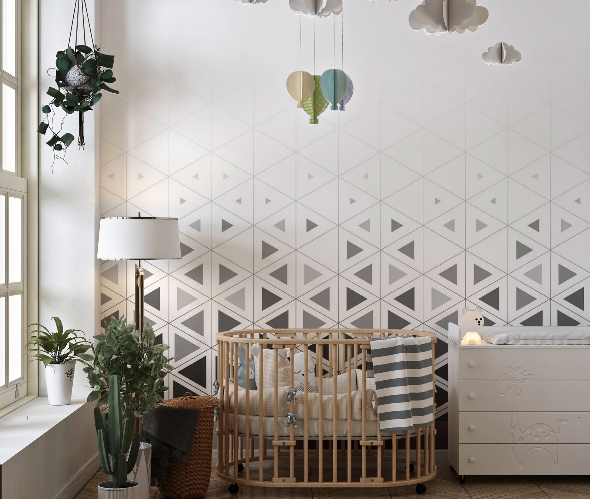 Textured geometric wallpaper mural with a 3D effect cube illustration.