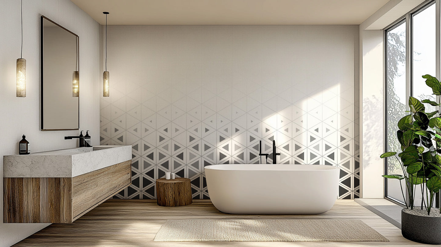 Modern gold line bathroom wall mural featuring a minimalist honeycomb design.