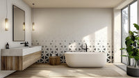 Modern gold line bathroom wall mural featuring a minimalist honeycomb design.