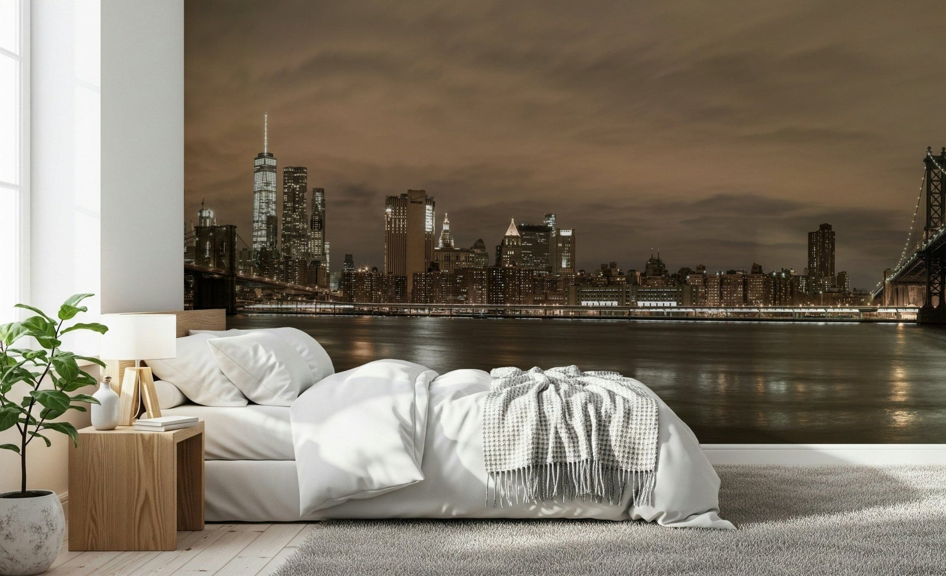 Panoramic wall mural, towering urban buildings and waterfront view design.
