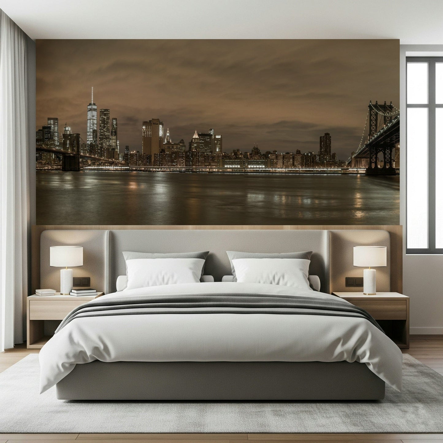 Gotham Bridgescape, dark water reflecting city lights, appealing wallpaper.