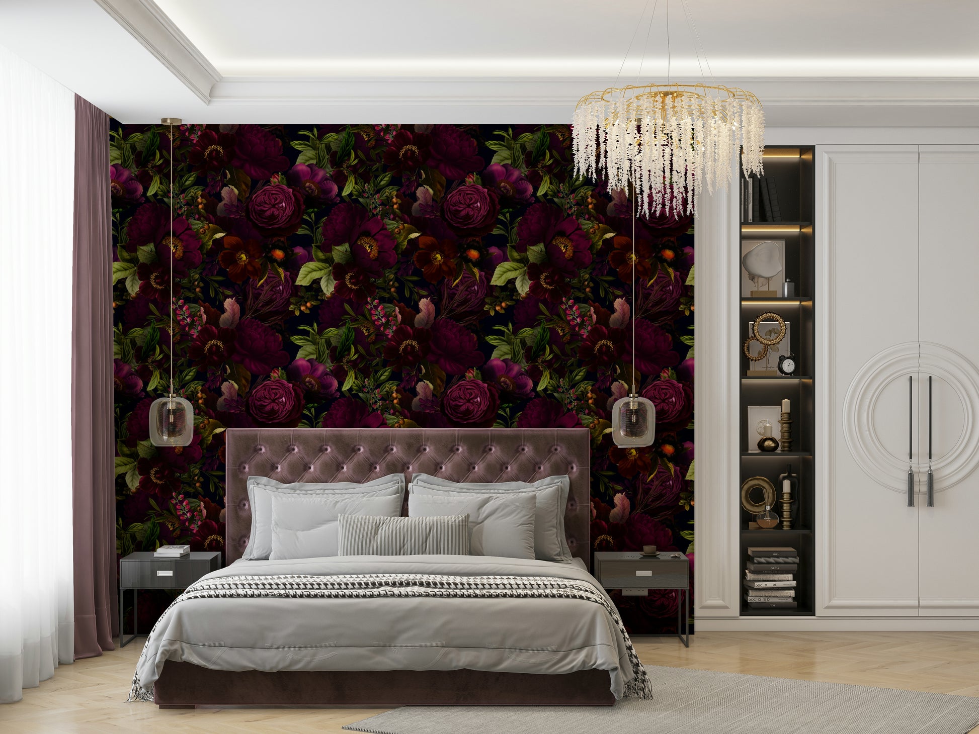 Heritage floral wallpaper in deep dark colors

