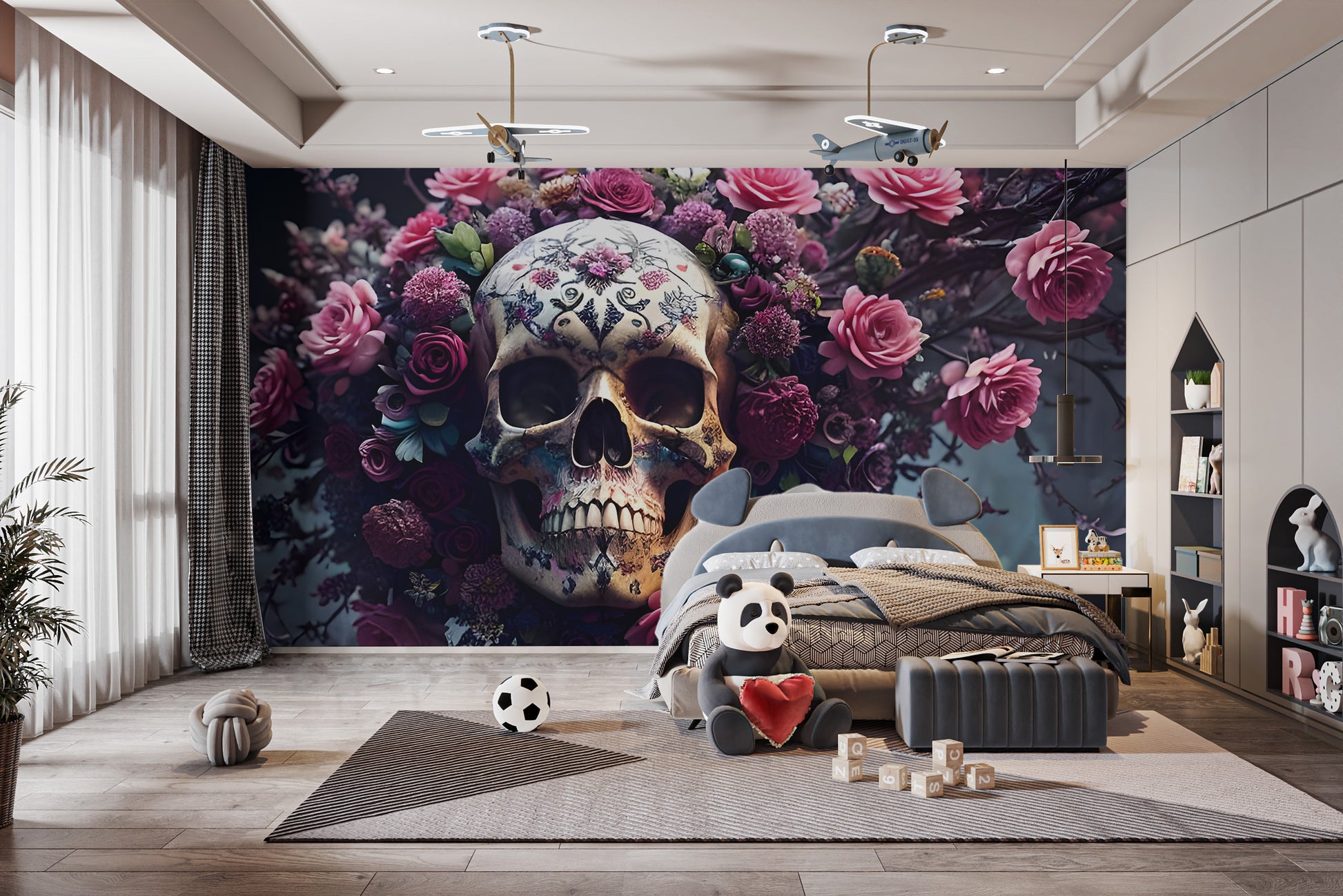 Removable Halloween flower and skull wallpaper highlighting a minimalist bedroom design.